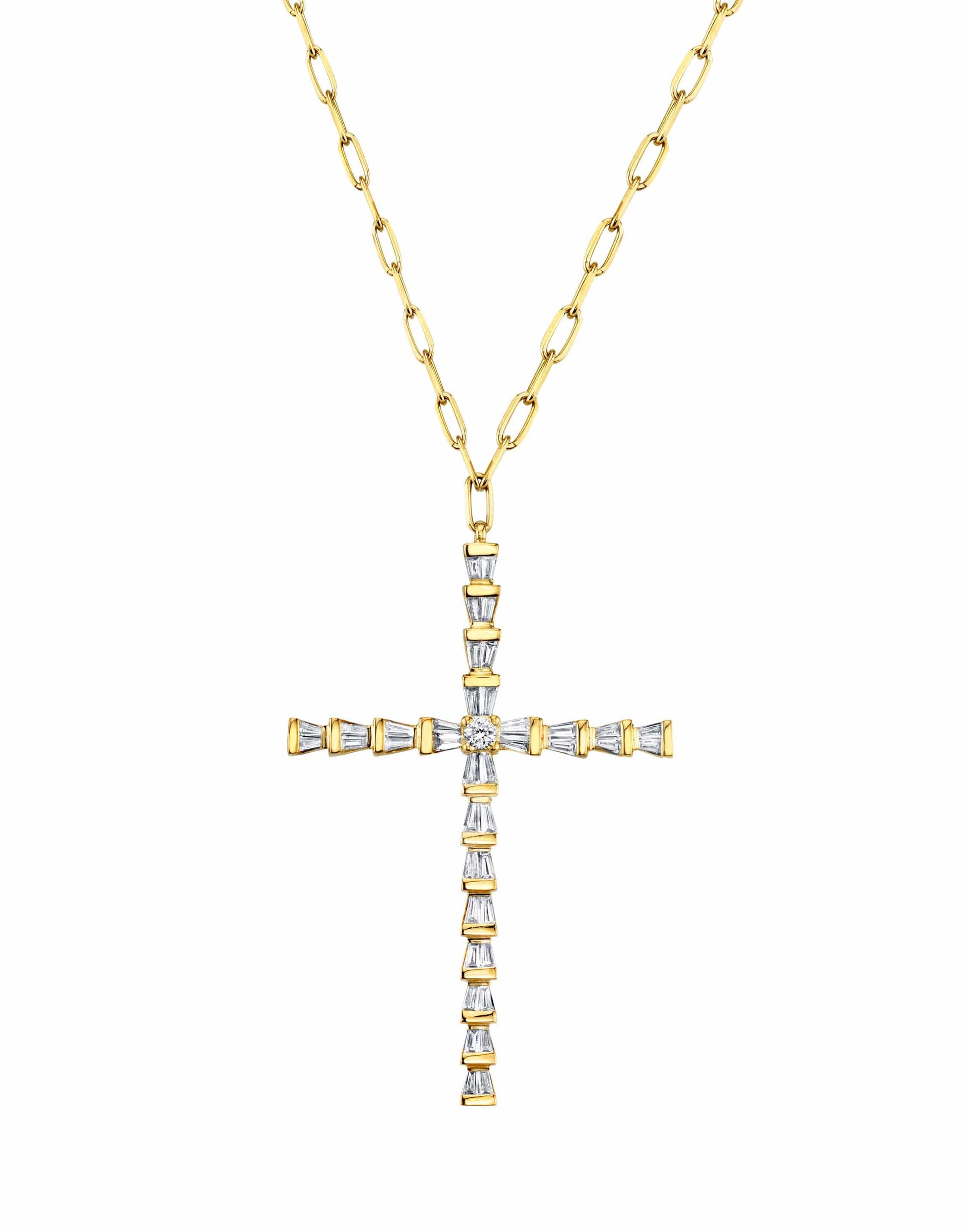 SHAY JEWELRY-Diamond Tapered Baguette Cross Necklace-YELLOW GOLD