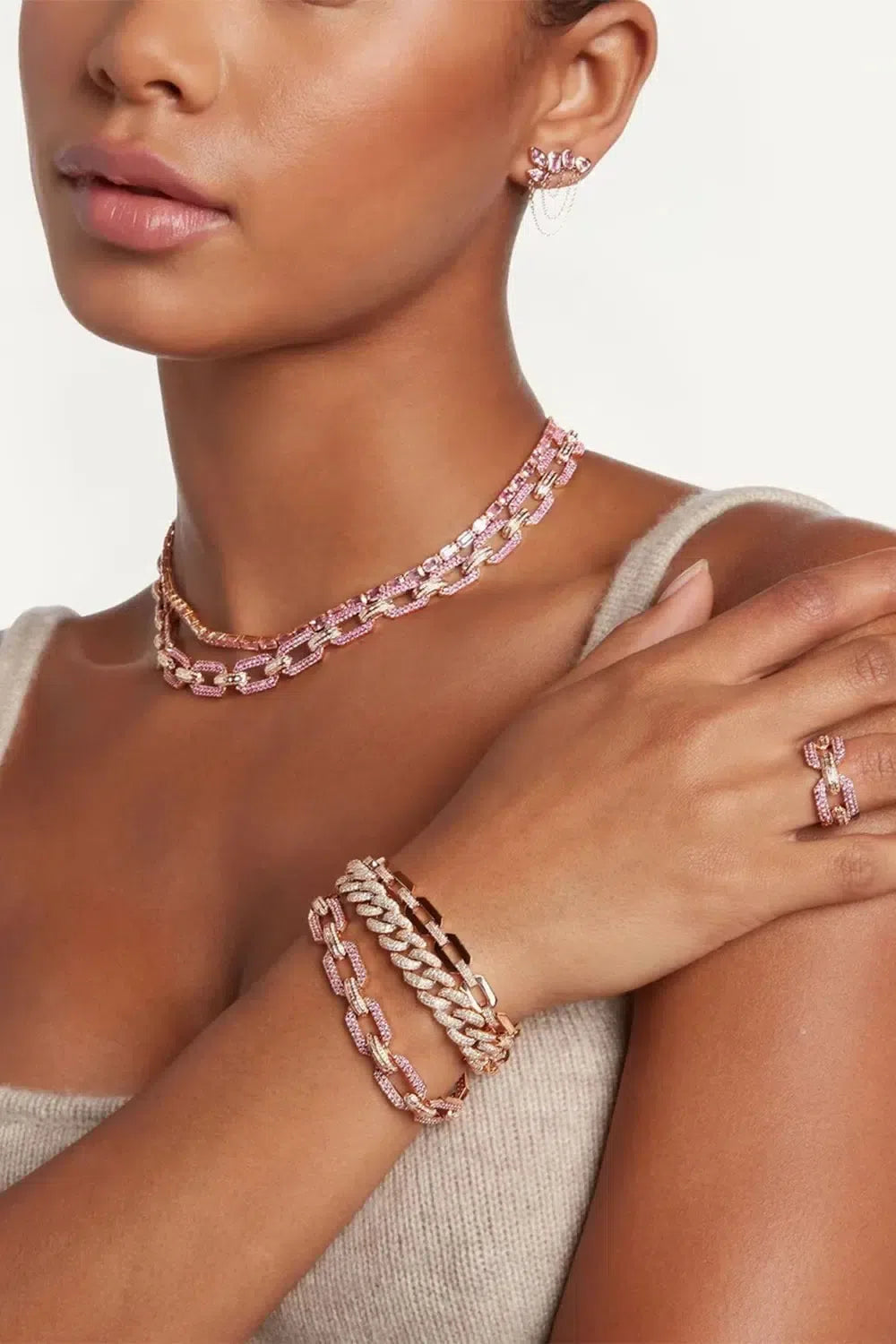 SHAY JEWELRY-PINK SAPPHIRE DIAMOND PAVE FLAT GEO LINK RING-ROSE GOLD