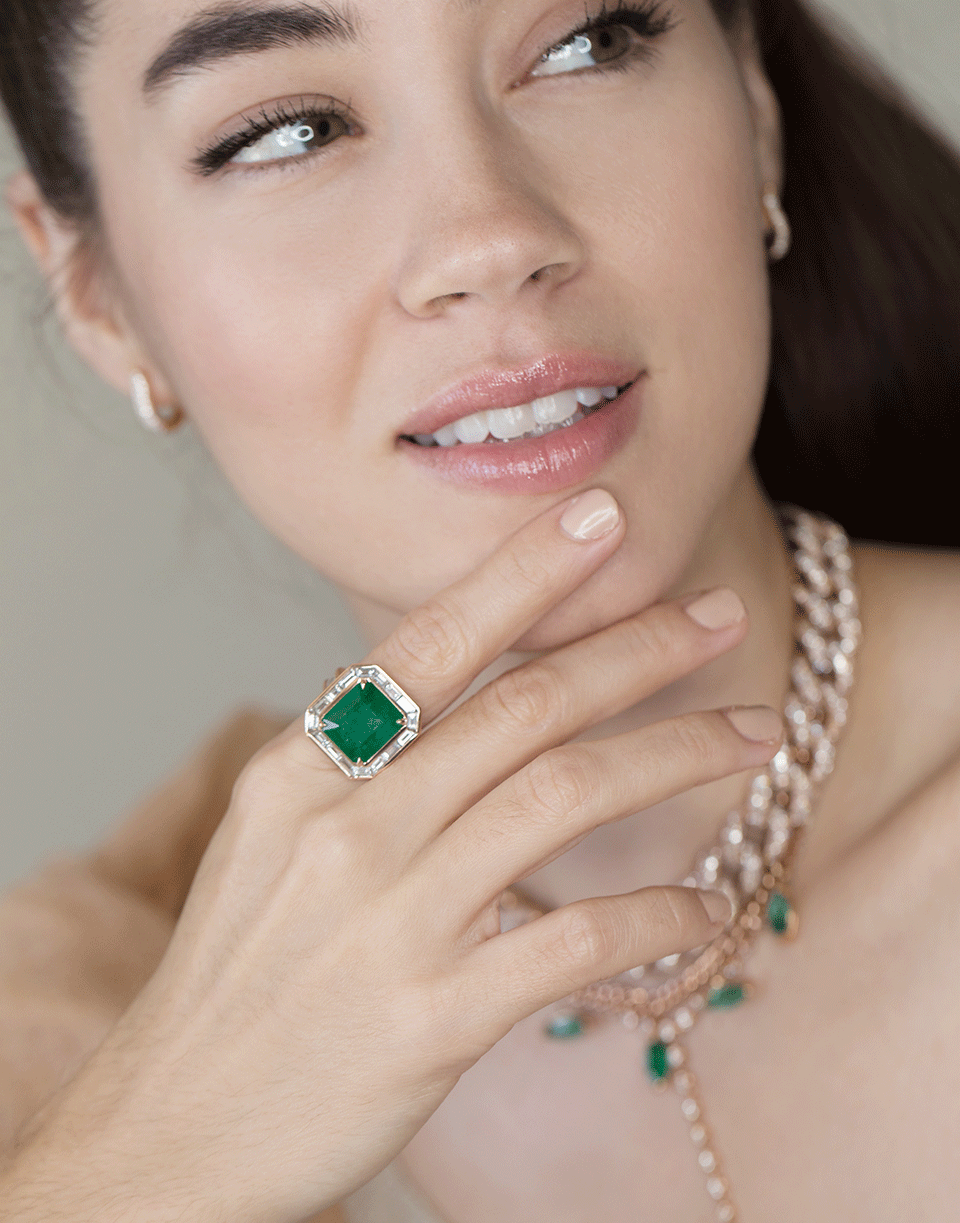 SHAY JEWELRY-Emerald and Baguette Border Ring-ROSE GOLD