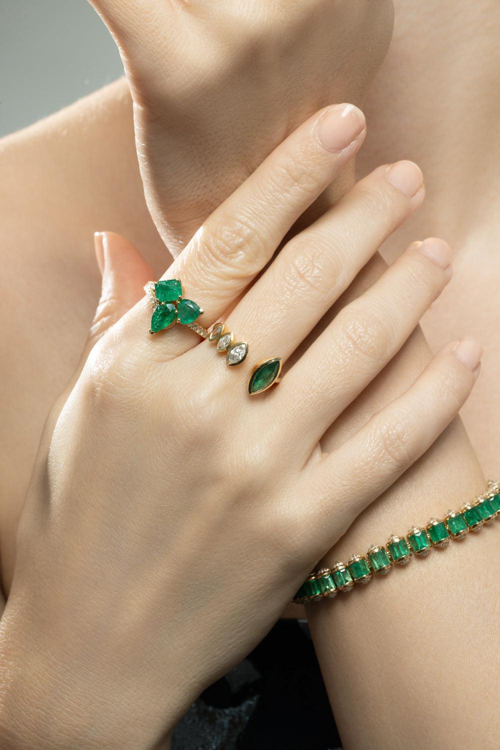 Diamond Emerald Cluster Band Ring-YELLOW GOLD-6-JEWELRYFINE JEWELRING-SHAY JEWELRY