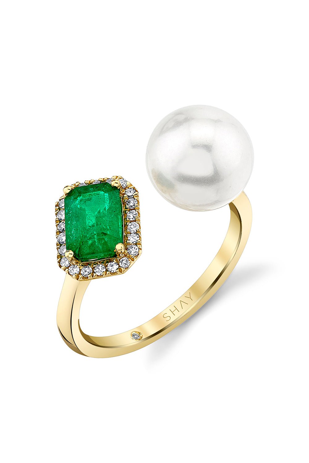 SHAY JEWELRY-PEARL EMERALD TILTED HALO TWIN RING-YELLOW GOLD