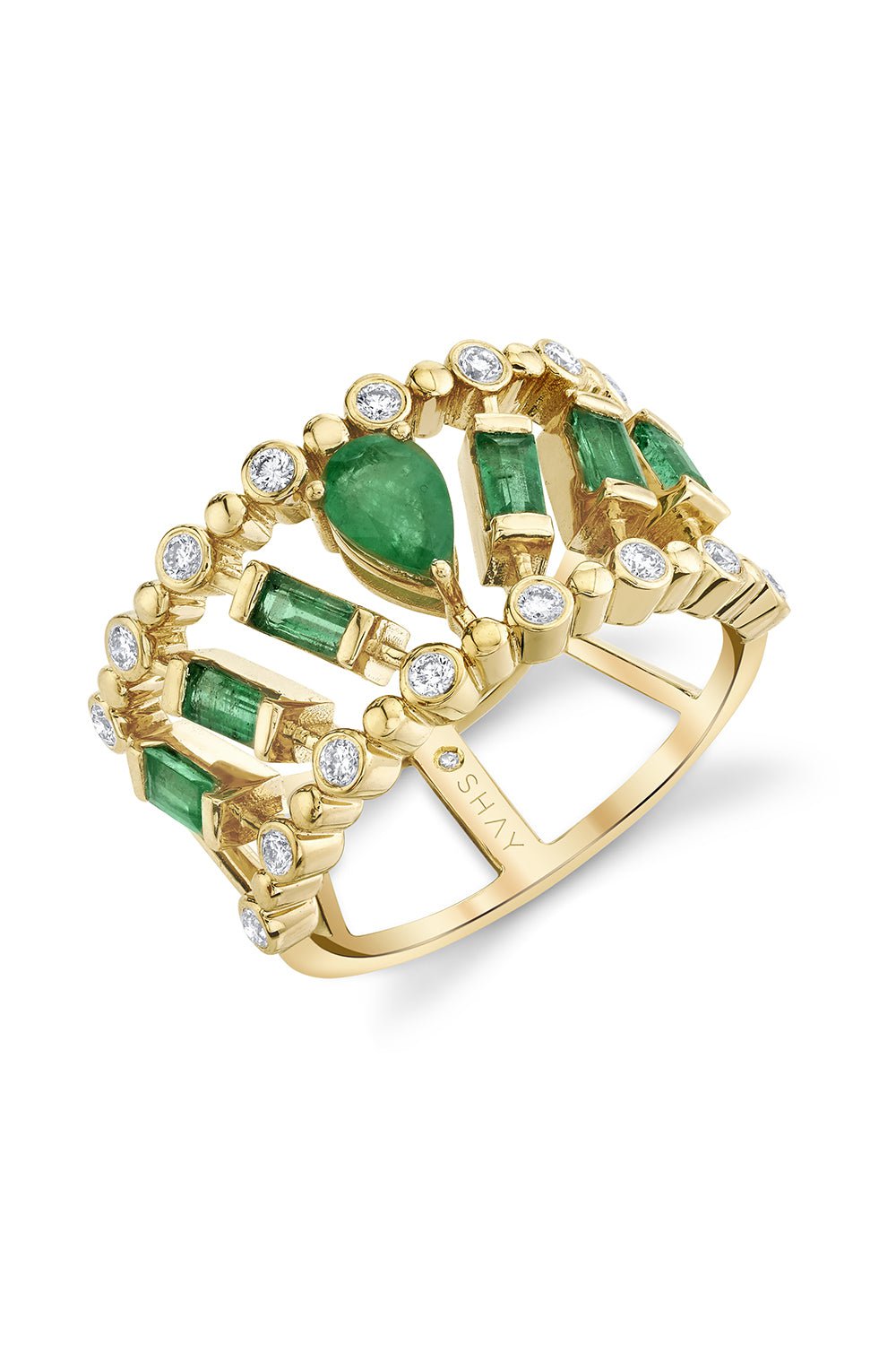 SHAY JEWELRY-DIAMOND DOT DASH EMERALD PEAR RING-YELLOW GOLD