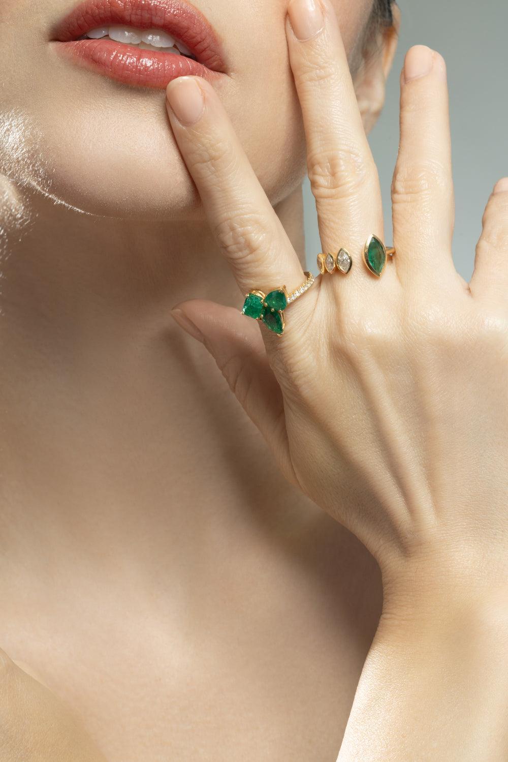Emerald Diamond Marquise Open Ring-YELLOW GOLD-7-JEWELRYFINE JEWELRING-SHAY JEWELRY