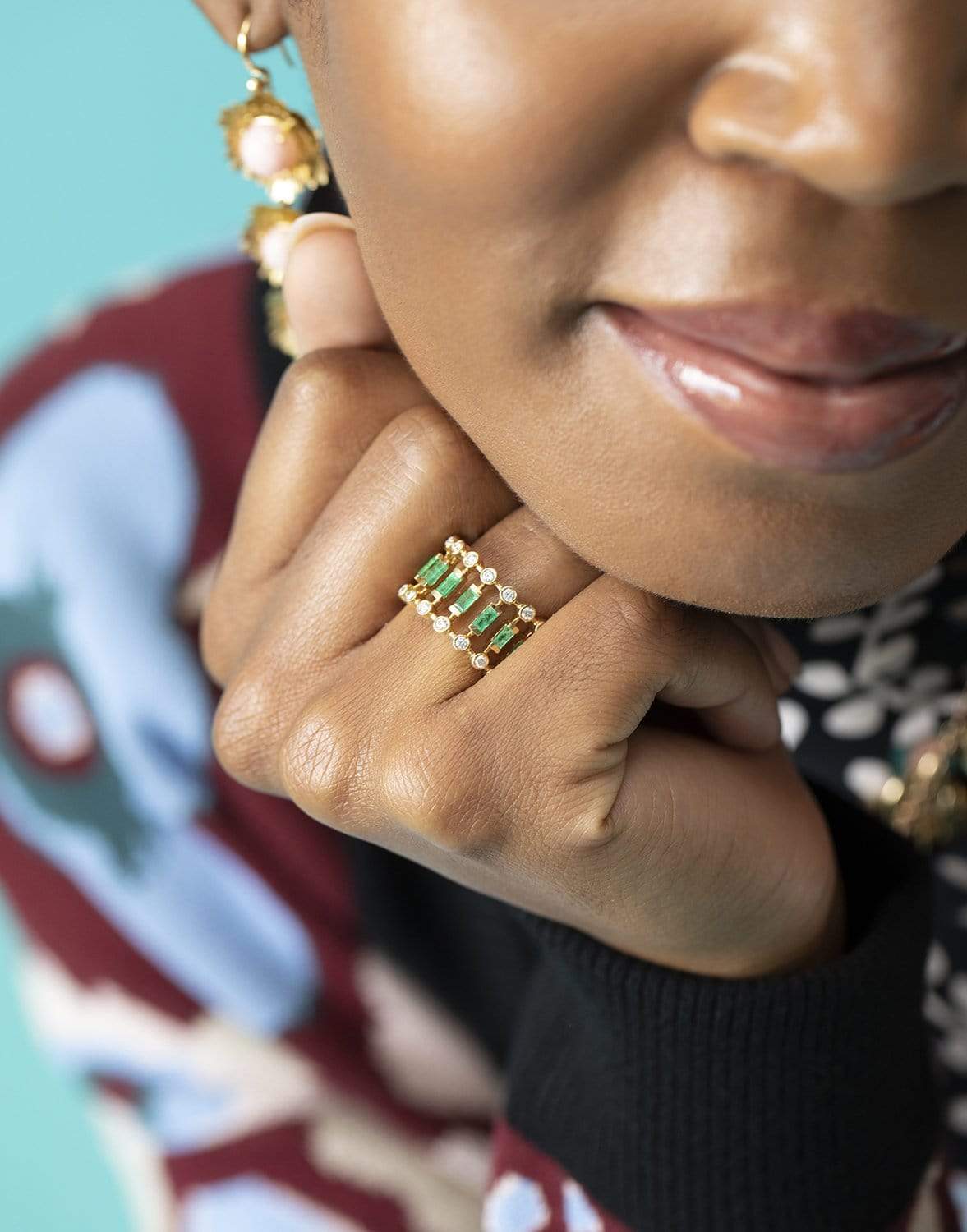 SHAY JEWELRY-Emerald & Diamond Dot-Dash Ring-YELLOW GOLD