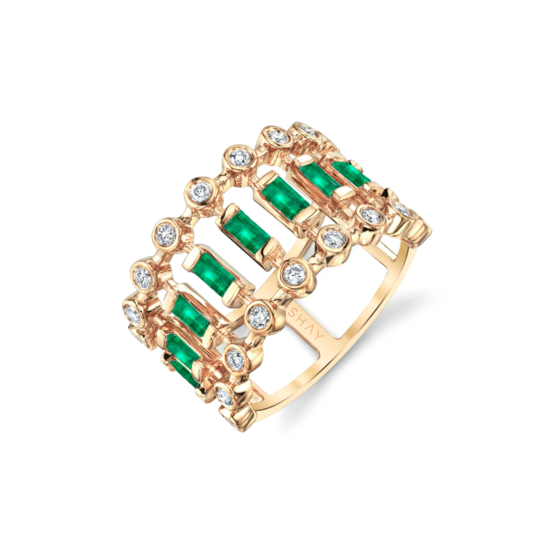 SHAY JEWELRY-Emerald & Diamond Dot-Dash Ring-YELLOW GOLD