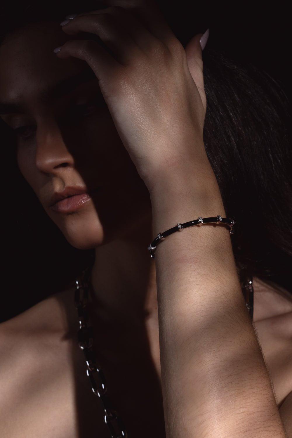 SIDNEY GARBER-Small Carly Black Enamel Diamond Bracelet - White Gold-WHITE GOLD