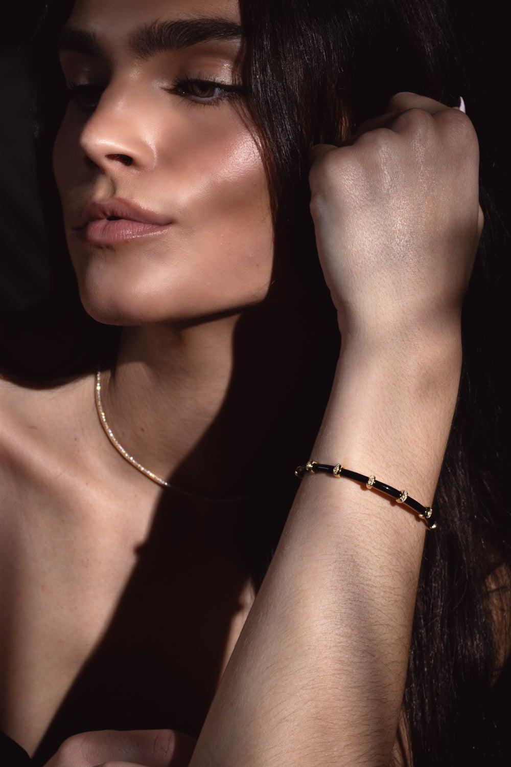 SIDNEY GARBER-Small Carly Black Enamel Diamond Bracelet-YELLOW GOLD