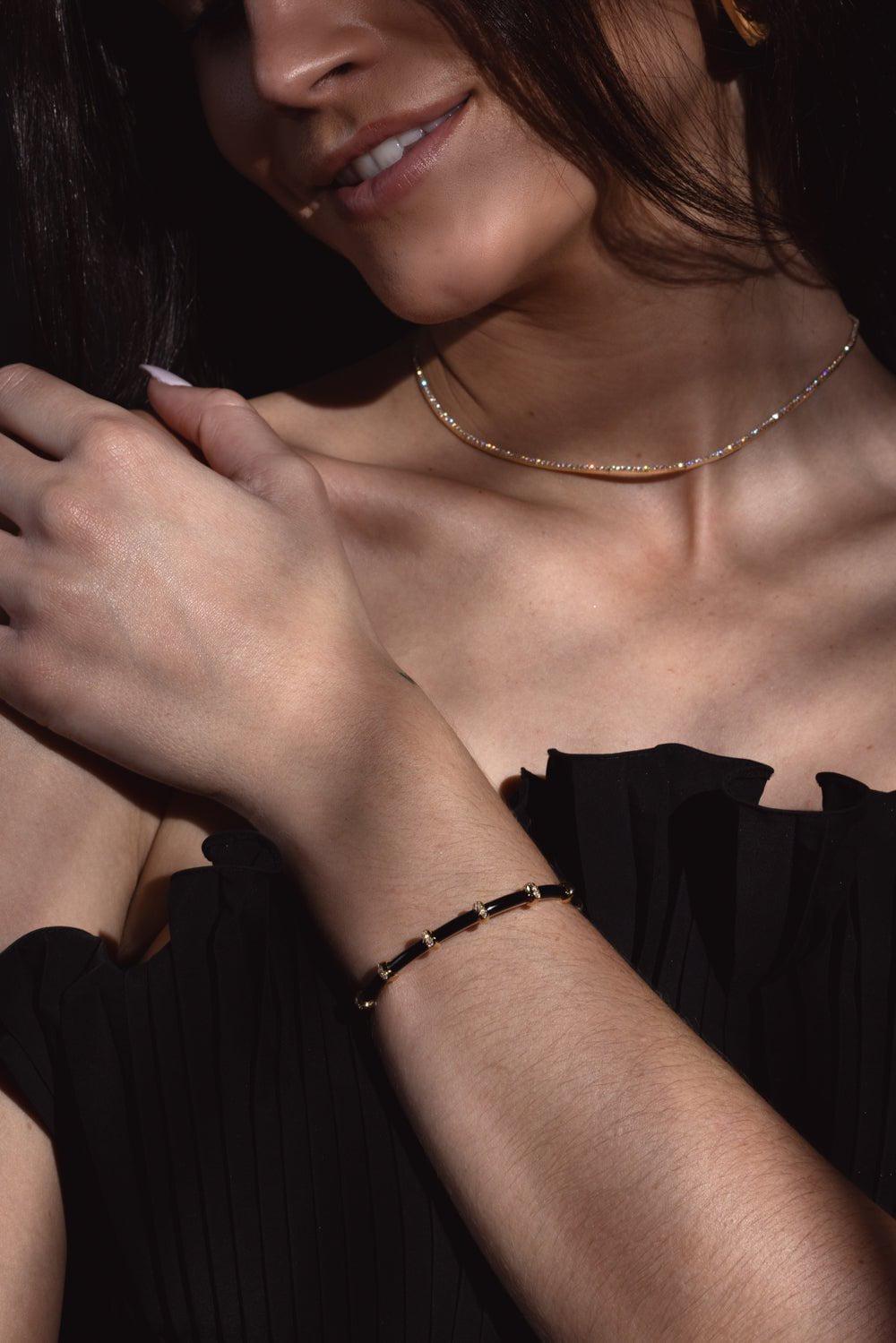SIDNEY GARBER-Small Carly Black Enamel Diamond Bracelet-YELLOW GOLD