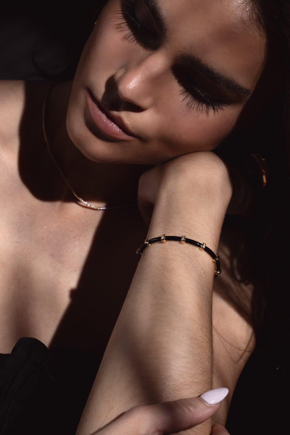 SIDNEY GARBER-Small Carly Black Enamel Diamond Bracelet-YELLOW GOLD