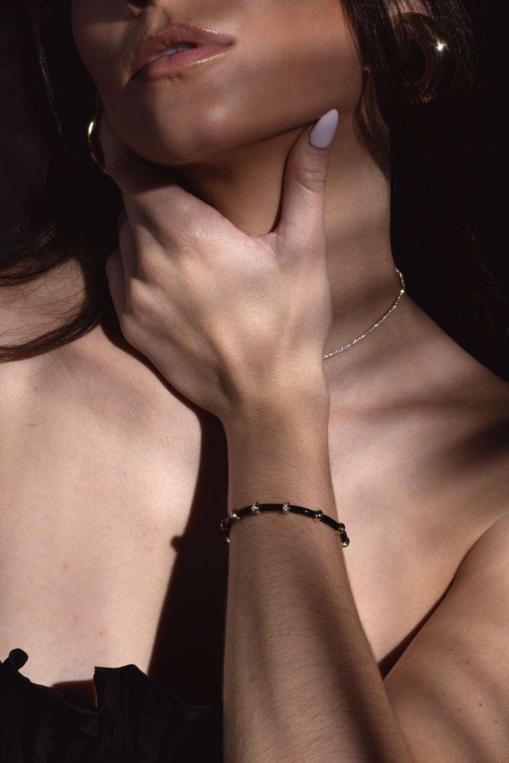 SIDNEY GARBER-Small Carly Black Enamel Diamond Bracelet-YELLOW GOLD