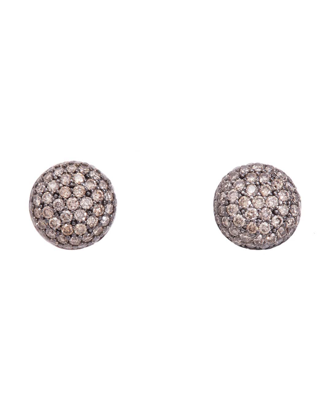 SIDNEY GARBER-Large Pave Brown Diamond Button Earrings-WHITE GOLD