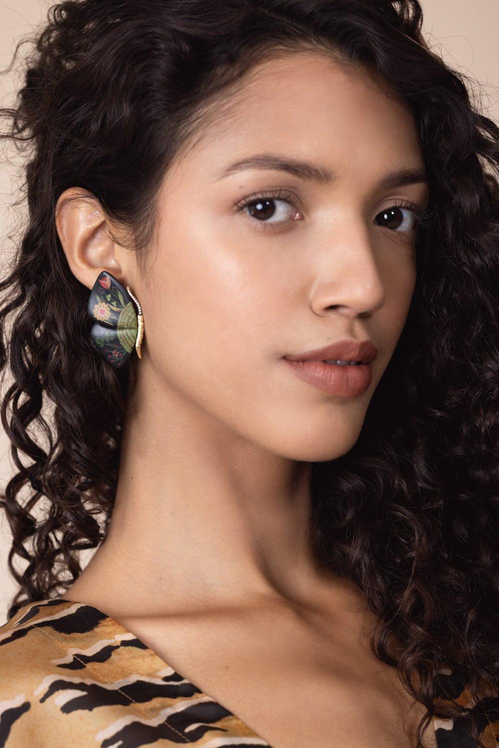 SILVIA FURMANOVICH-Black Marquetry Butterfly Earrings-YELLOW GOLD