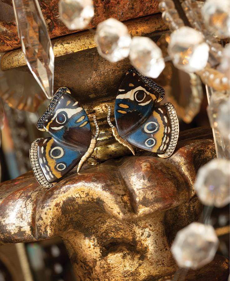 SILVIA FURMANOVICH-Blue and Yellow Marquetry Butterfly Earrings-YELLOW GOLD