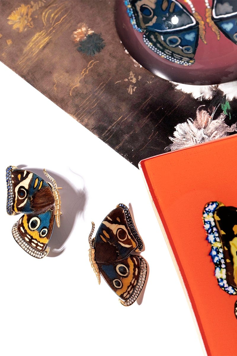 SILVIA FURMANOVICH-Blue and Yellow Marquetry Butterfly Earrings-YELLOW GOLD
