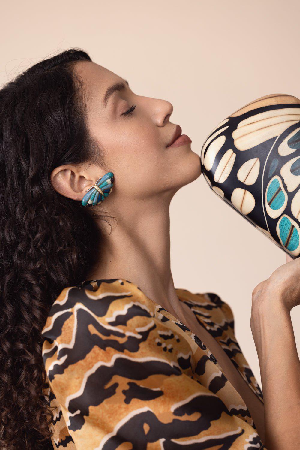 SILVIA FURMANOVICH-Blue Marquetry Butterfly Earrings-YELLOW GOLD