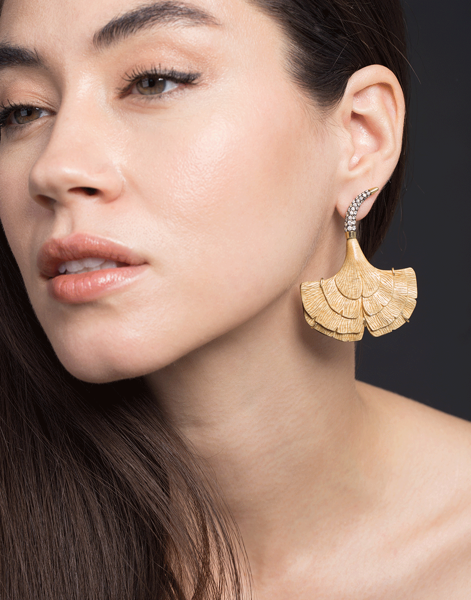 SILVIA FURMANOVICH-Botanical Carved Ginko Leaf Wood Earrings-YELLOW GOLD