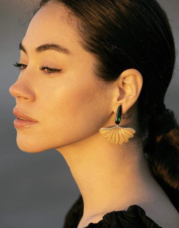 SILVIA FURMANOVICH-Carved Leaf with Green Tourmaline Earrings-YELLOW GOLD