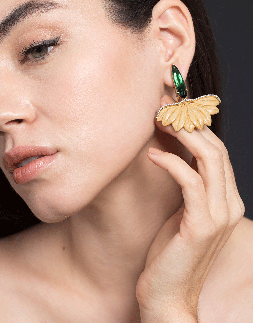 SILVIA FURMANOVICH-Carved Leaf with Green Tourmaline Earrings-YELLOW GOLD