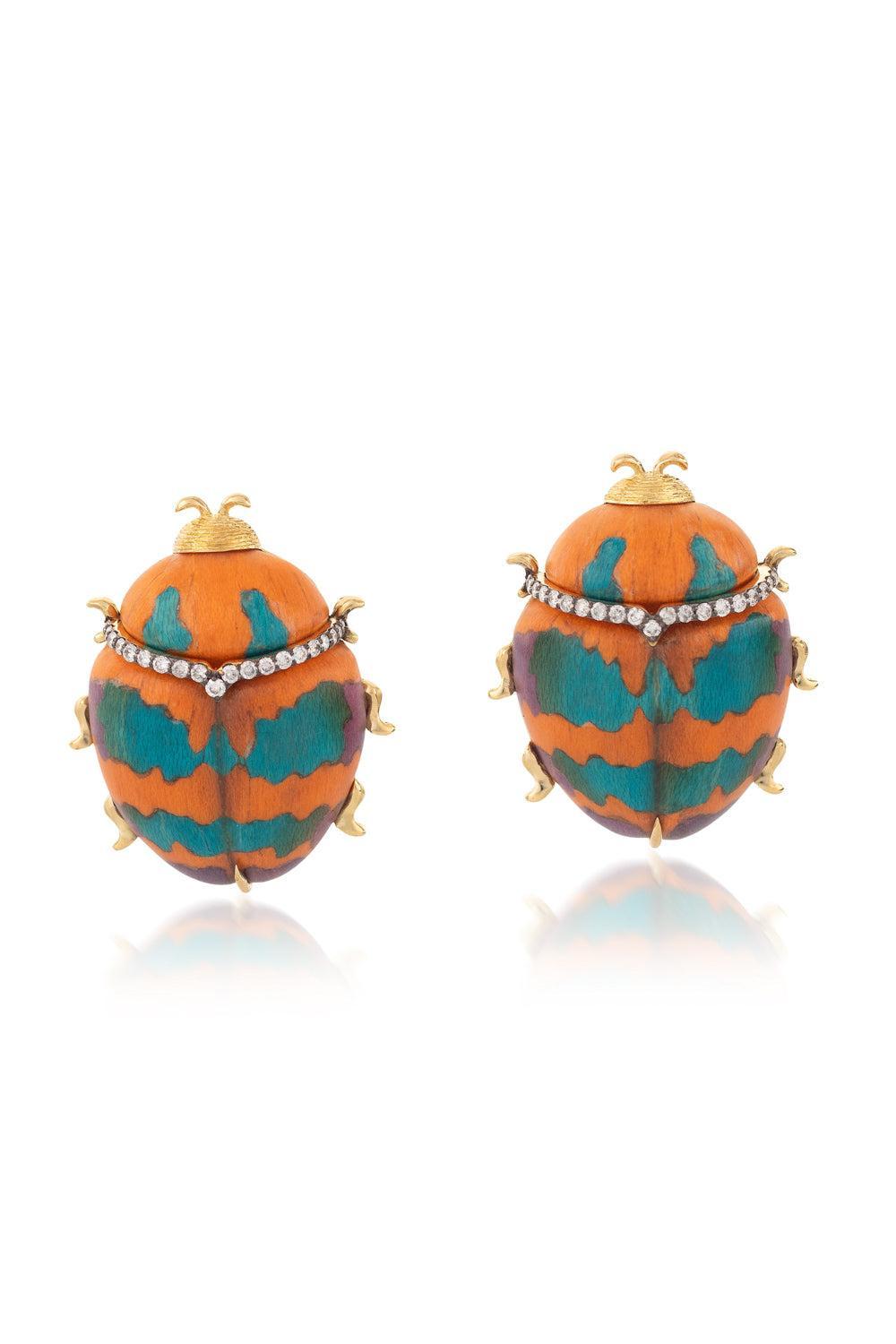 Diamond Orange Small Marquetry Beetle Earrings-YELLOW GOLD-JEWELRYFINE JEWELEARRING-SILVIA FURMANOVICH