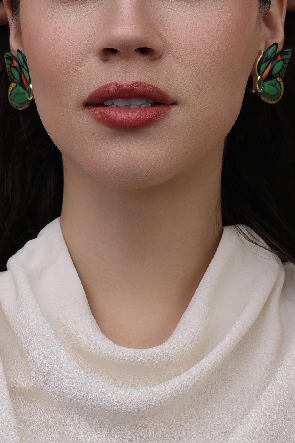 Emerald Double Wing Marquetry Butterfly Earrings-YELLOW GOLD-JEWELRYFINE JEWELEARRING-SILVIA FURMANOVICH