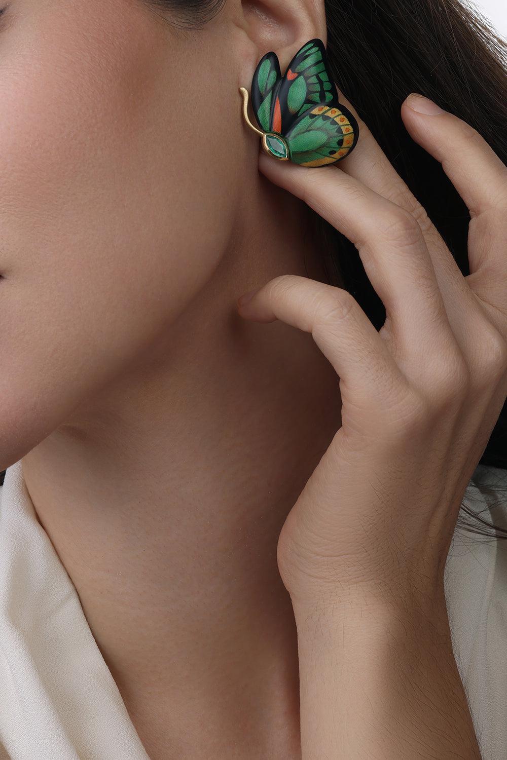 Emerald Double Wing Marquetry Butterfly Earrings-YELLOW GOLD-JEWELRYFINE JEWELEARRING-SILVIA FURMANOVICH