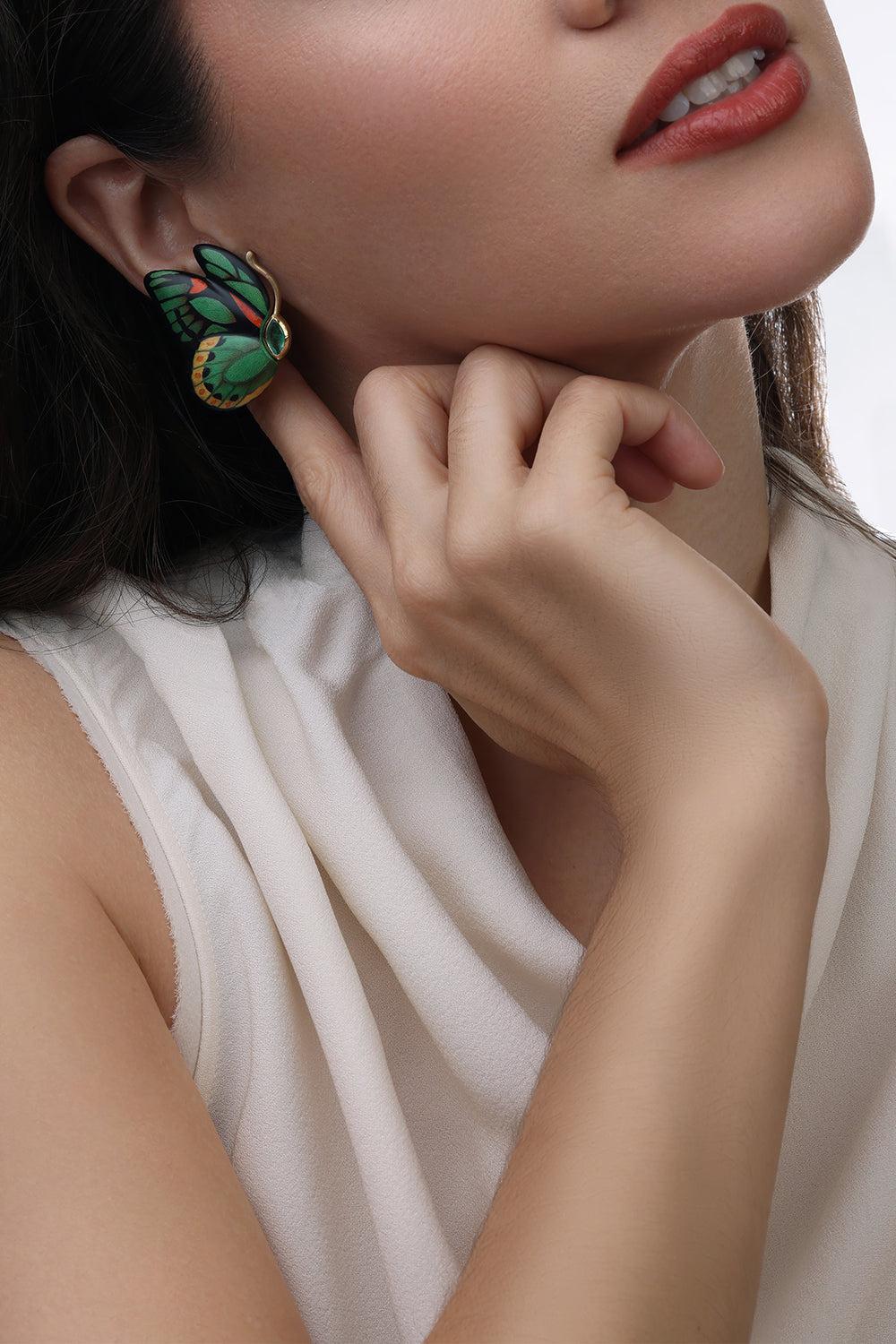 Emerald Double Wing Marquetry Butterfly Earrings-YELLOW GOLD-JEWELRYFINE JEWELEARRING-SILVIA FURMANOVICH