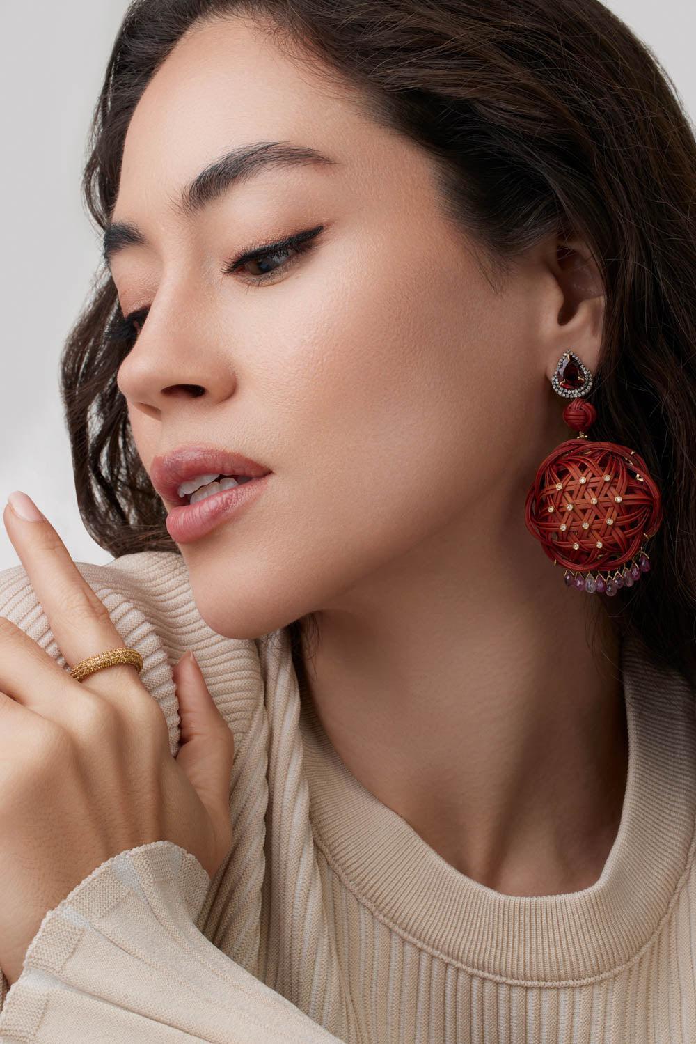 Garnet Sapphire Bamboo Earrings-YELLOW GOLD-JEWELRYFINE JEWELEARRING-SILVIA FURMANOVICH