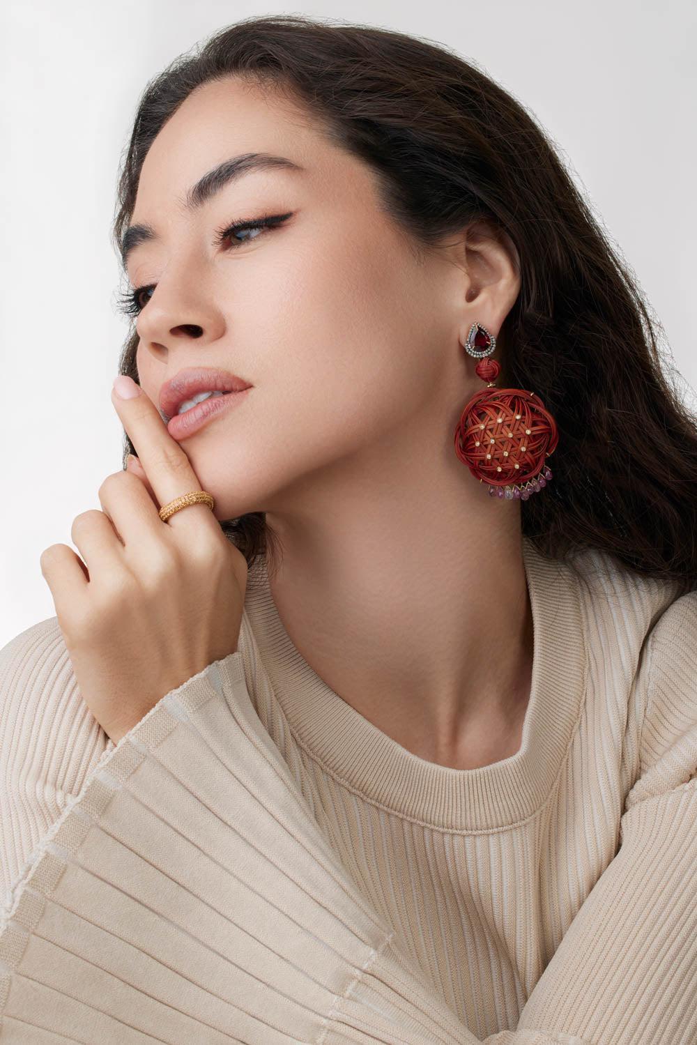 Garnet Sapphire Bamboo Earrings-YELLOW GOLD-JEWELRYFINE JEWELEARRING-SILVIA FURMANOVICH