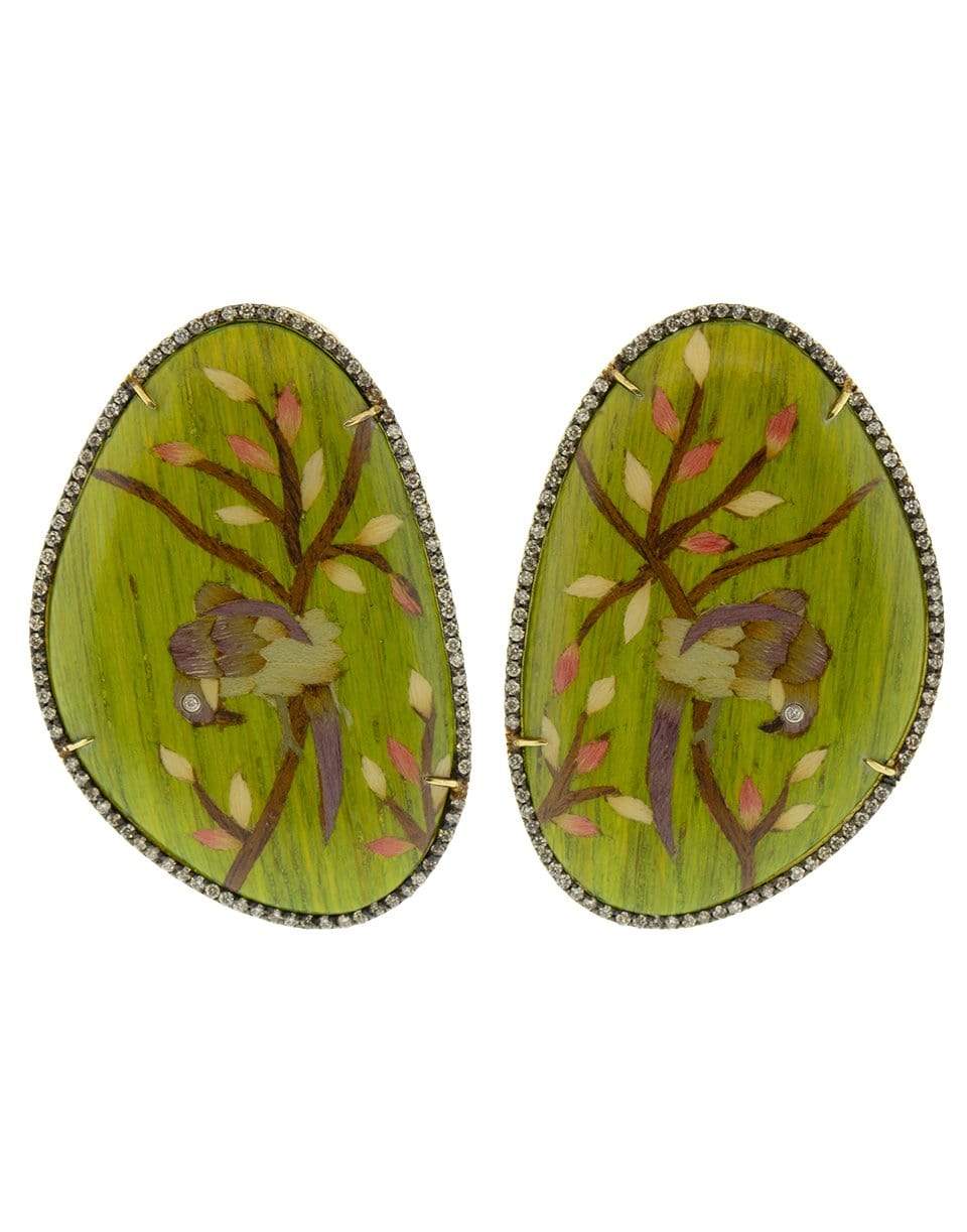 SILVIA FURMANOVICH-Green Bird Marquetry Earrings-YELLOW GOLD