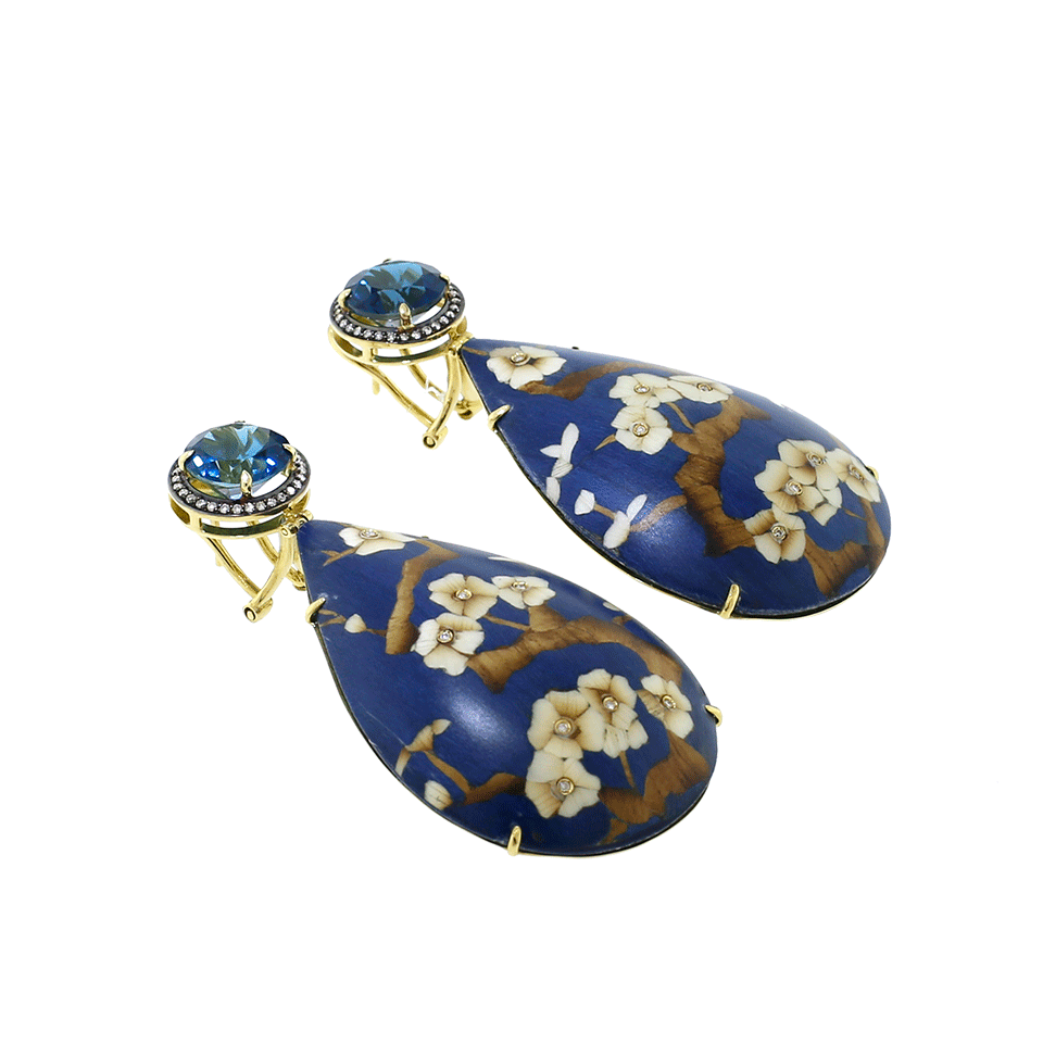 SILVIA FURMANOVICH-Marquetry Blue Floral And Diamond Earrings-YELLOW GOLD