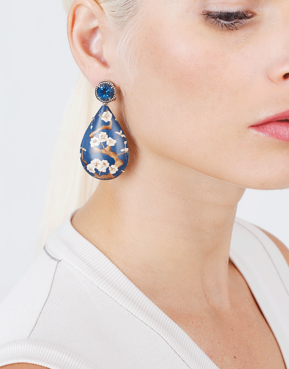 SILVIA FURMANOVICH-Marquetry Blue Floral And Diamond Earrings-YELLOW GOLD