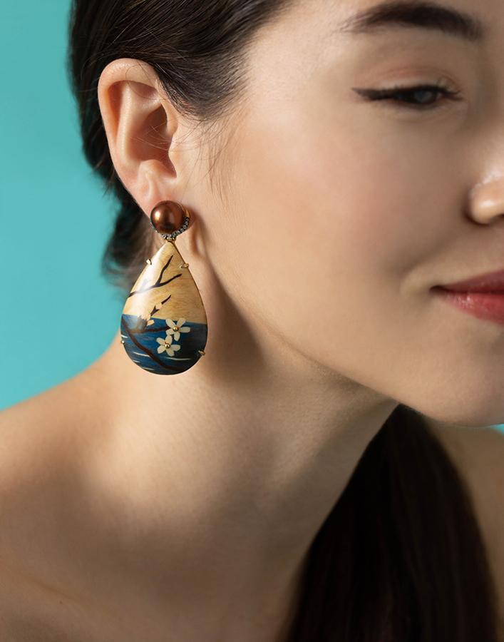 SILVIA FURMANOVICH-Marquetry Cherry Blossom Teardrop Earrings-YELLOW GOLD