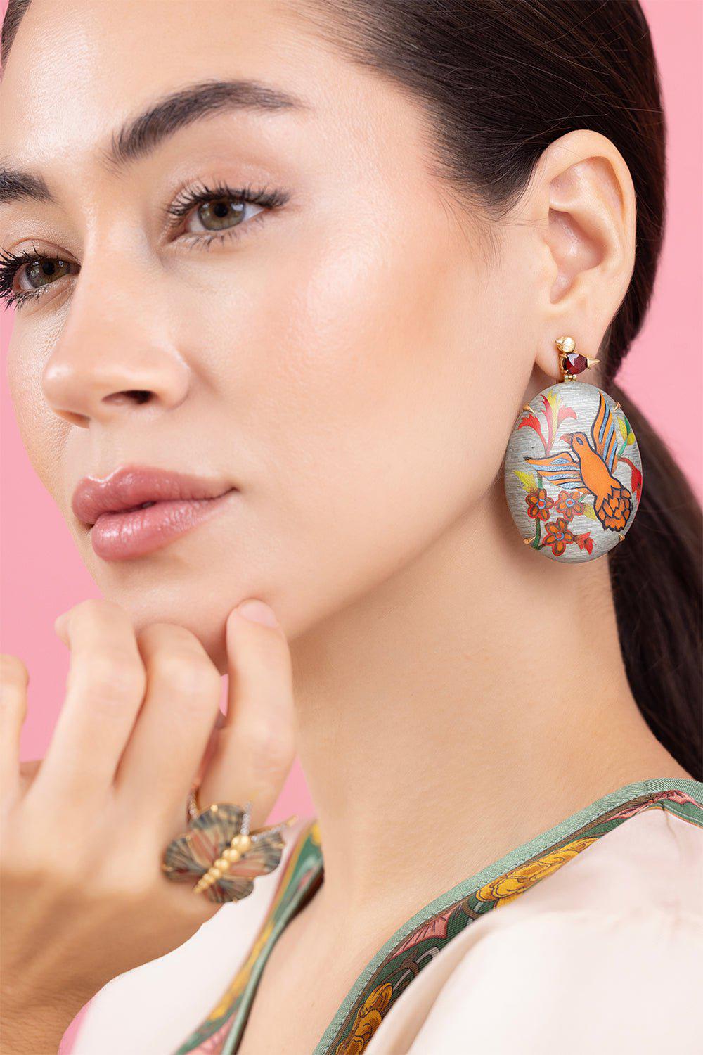 SILVIA FURMANOVICH-Marquetry Garnet Diamond Bird Earrings-YELLOW GOLD