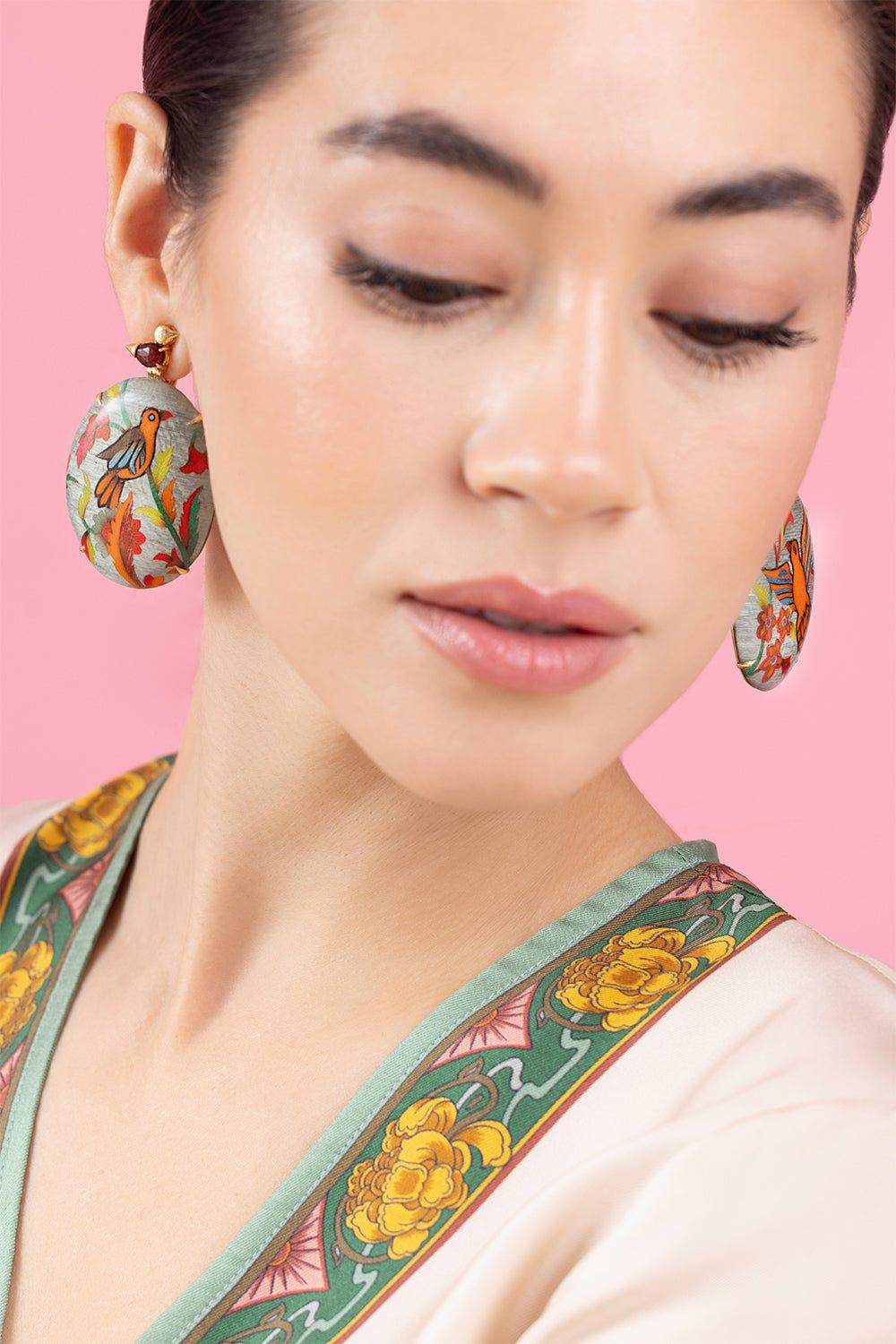 SILVIA FURMANOVICH-Marquetry Garnet Diamond Bird Earrings-YELLOW GOLD