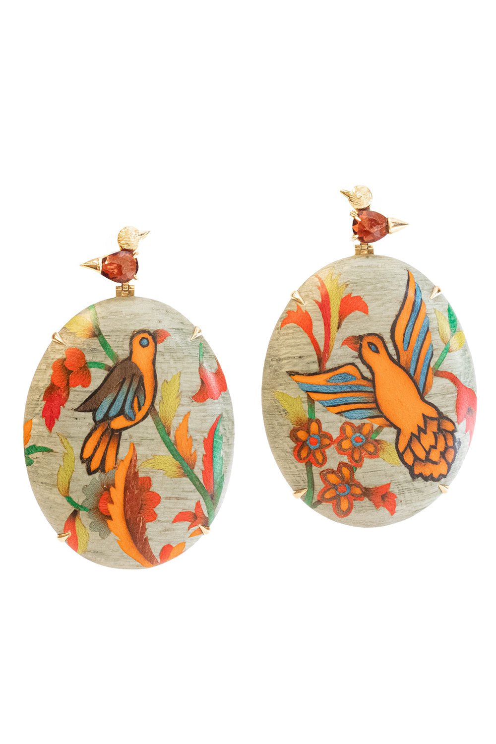 SILVIA FURMANOVICH-Marquetry Garnet Diamond Bird Earrings-YELLOW GOLD