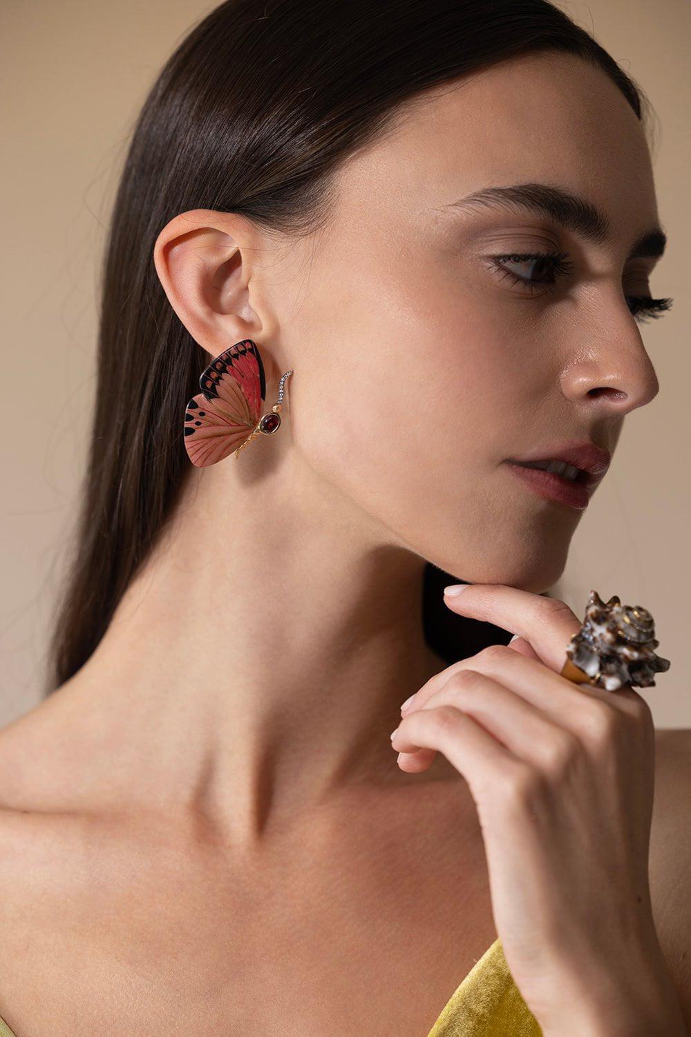 SILVIA FURMANOVICH-Marquetry Garnet Pink Butterfly Earrings-YELLOW GOLD