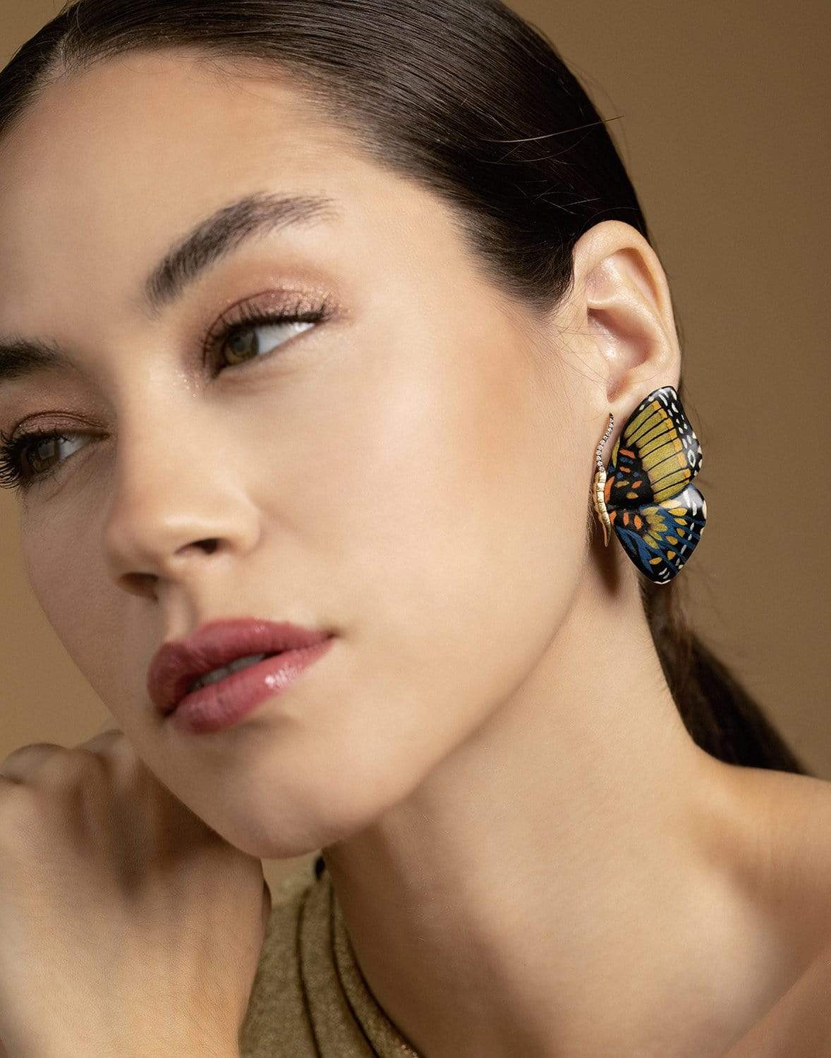 SILVIA FURMANOVICH-Marquetry Green and Blue Butterfly Earrings-YELLOW GOLD