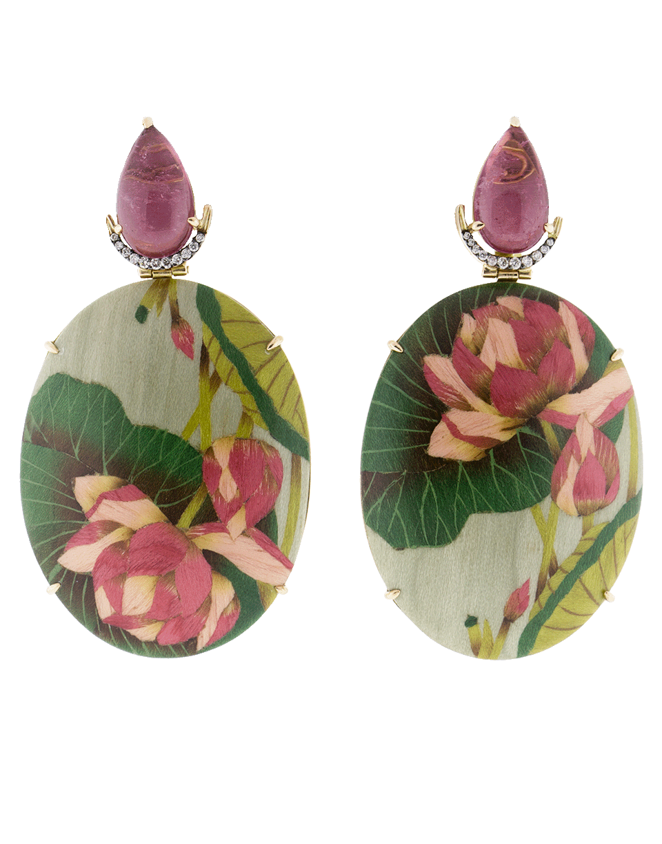 SILVIA FURMANOVICH-Marquetry Oval Pink Flower Earrings-YELLOW GOLD