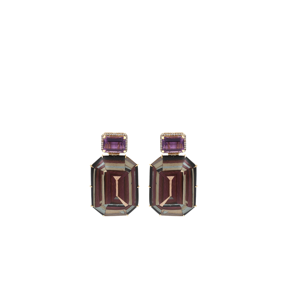 SILVIA FURMANOVICH-Marquetry Purple Geometric Wood Earrings-YELLOW GOLD