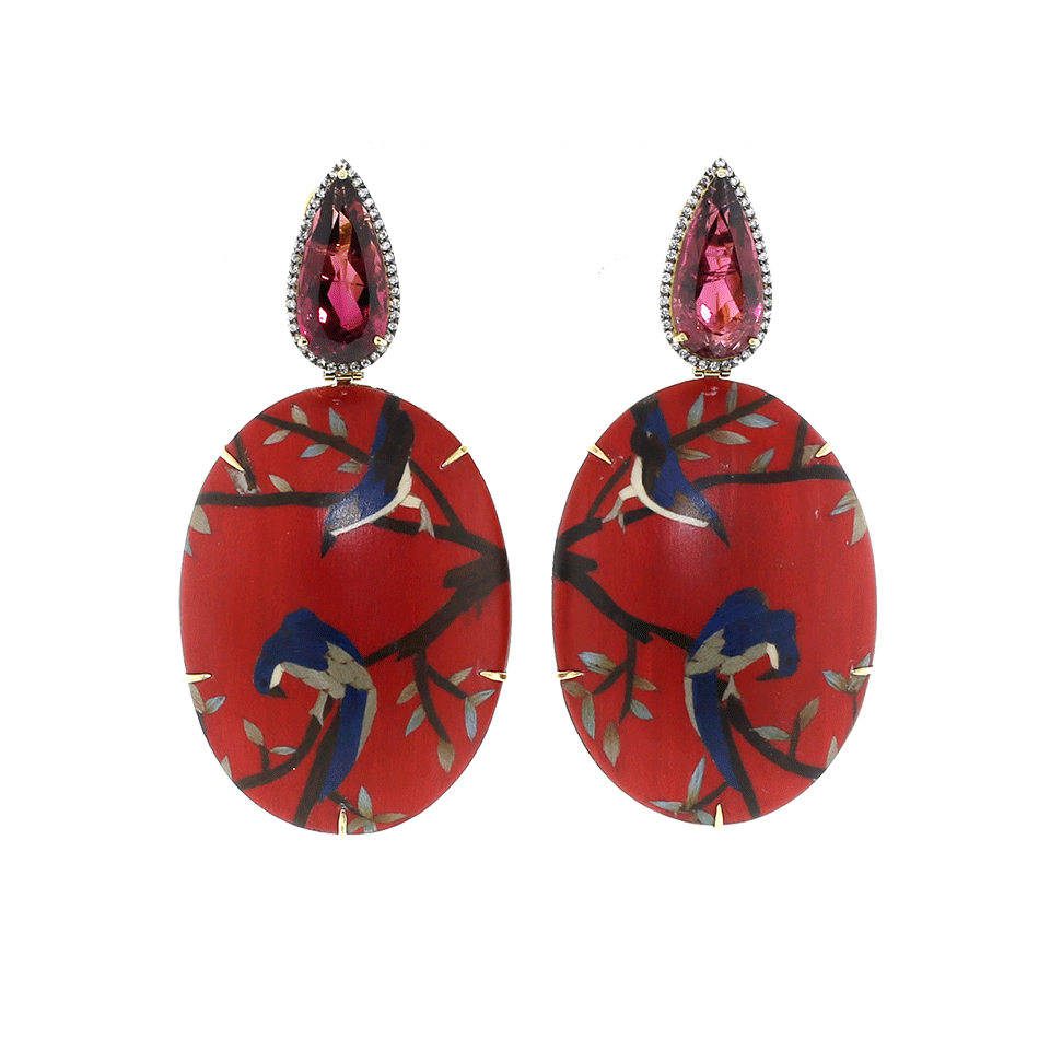 SILVIA FURMANOVICH-Marquetry Red Bird Oval Earrings-YELLOW GOLD