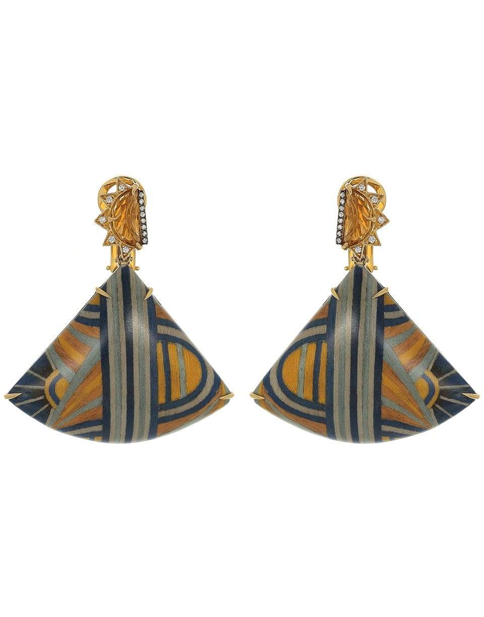 SILVIA FURMANOVICH-Obi Marquetry Blue and Yellow Fan Earrings-YELLOW GOLD