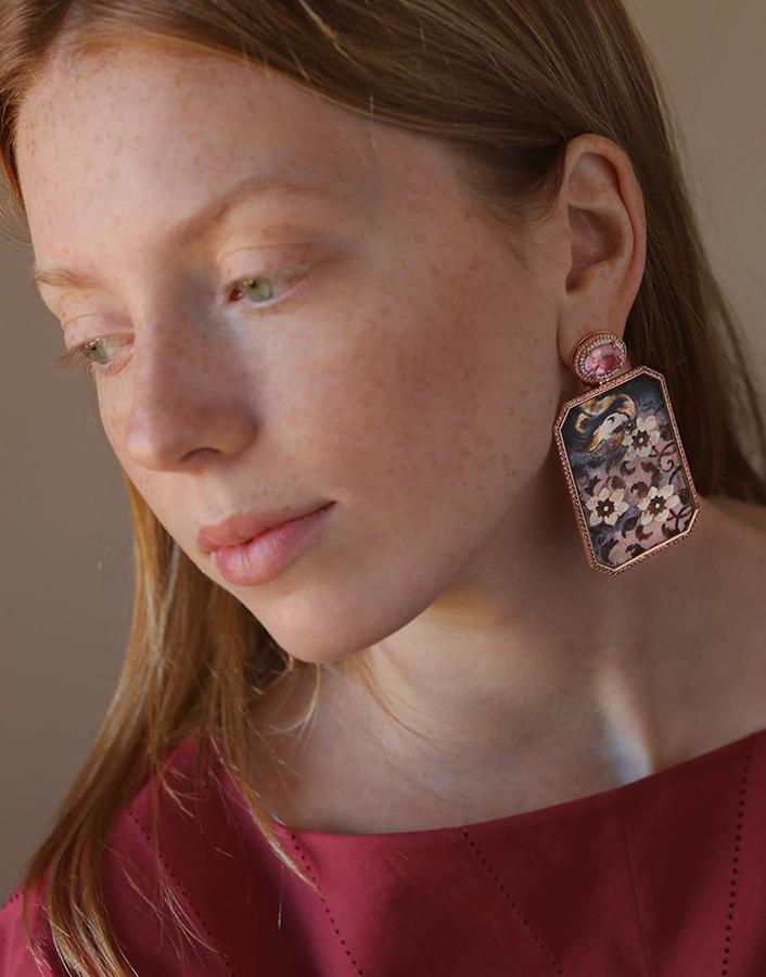 SILVIA FURMANOVICH-Pink Tourmaline Hand Painted Earrings-YELLOW GOLD