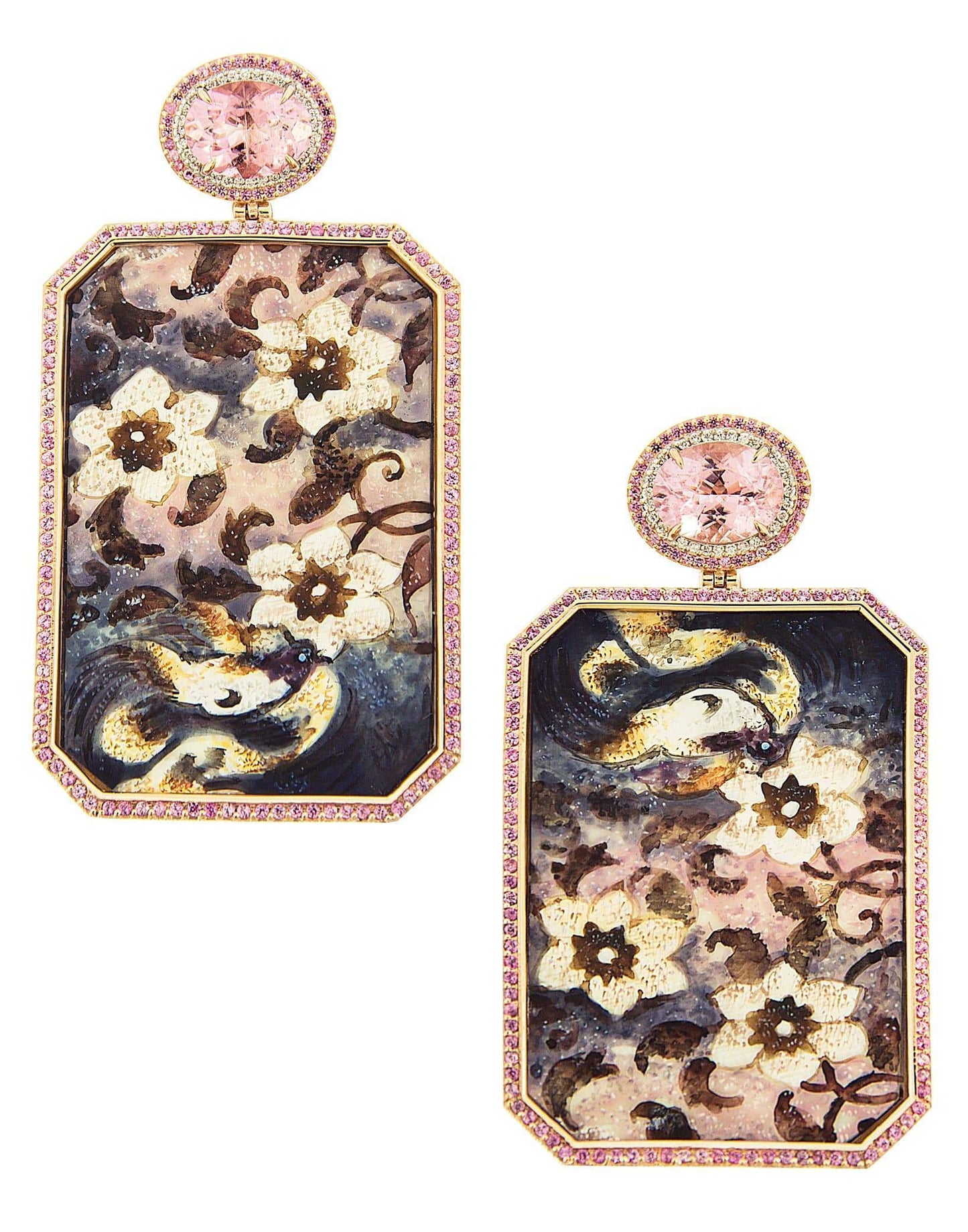 SILVIA FURMANOVICH-Pink Tourmaline Hand Painted Earrings-YELLOW GOLD