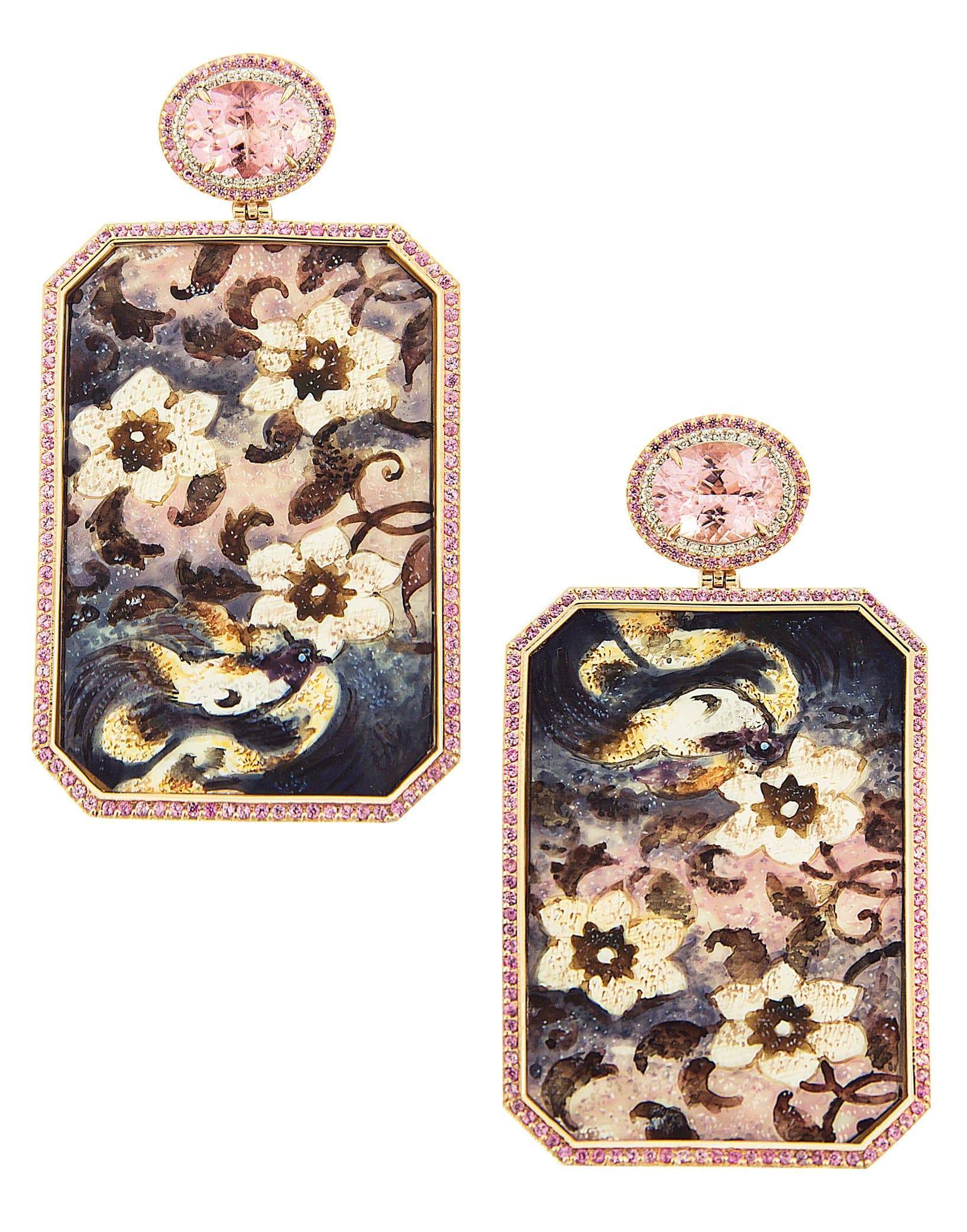 SILVIA FURMANOVICH-Pink Tourmaline Hand Painted Earrings-YELLOW GOLD