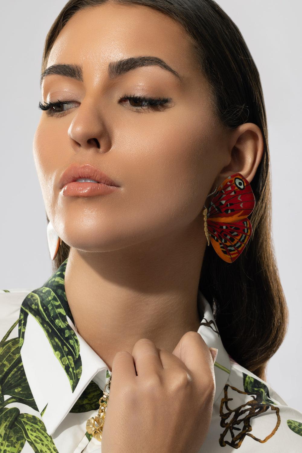 Red Orange Marquetry Butterfly Earrings-YELLOW GOLD-JEWELRYFINE JEWELEARRING-SILVIA FURMANOVICH