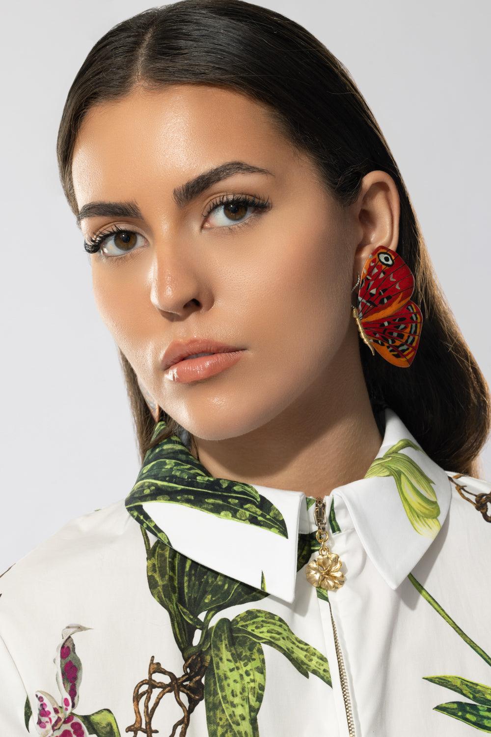 Red Orange Marquetry Butterfly Earrings-YELLOW GOLD-JEWELRYFINE JEWELEARRING-SILVIA FURMANOVICH