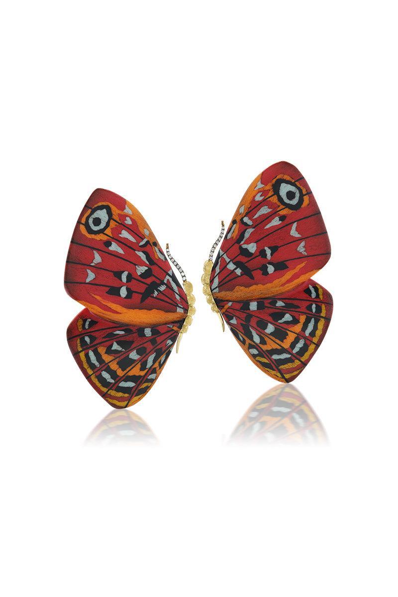 Red Orange Marquetry Butterfly Earrings-YELLOW GOLD-JEWELRYFINE JEWELEARRING-SILVIA FURMANOVICH