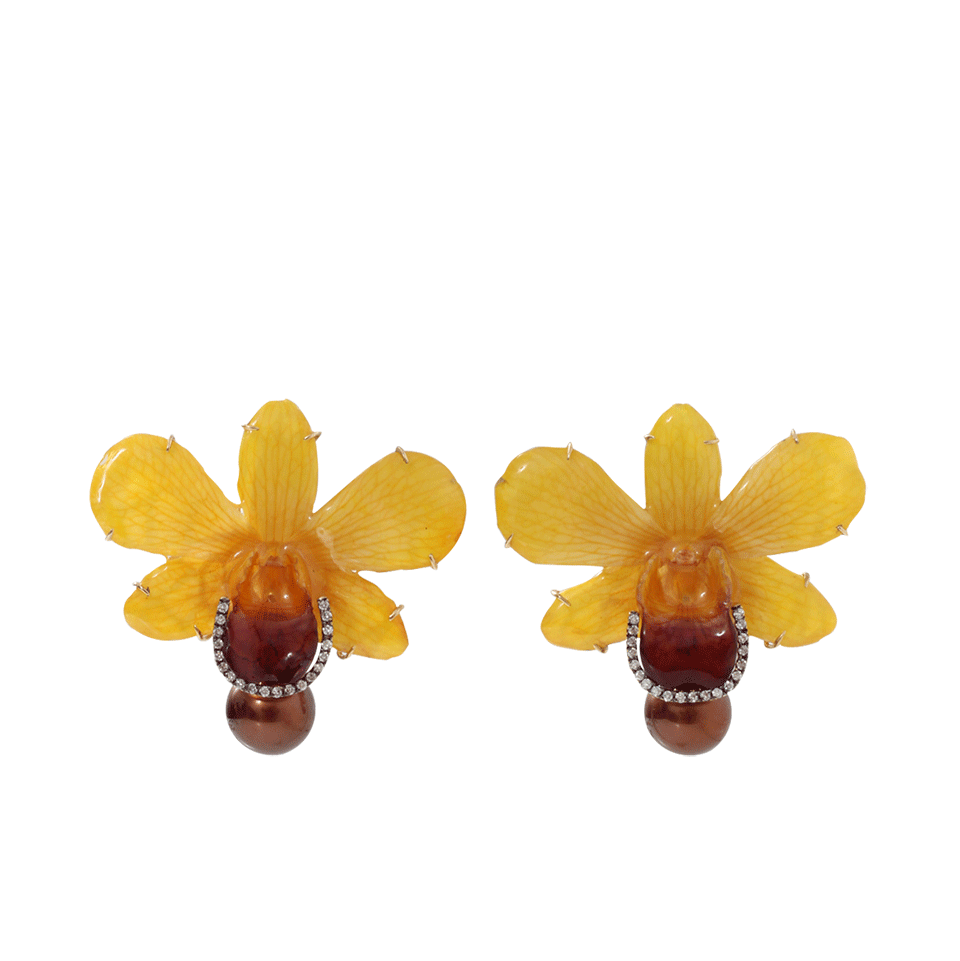 SILVIA FURMANOVICH-Resin Orchid Petal And Pearl Earrings-YELLOW GOLD