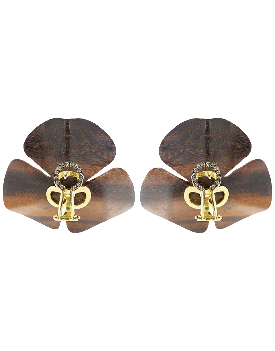 SILVIA FURMANOVICH-Sculptural Botanical Carved Wood Flower Earrings-YELLOW GOLD