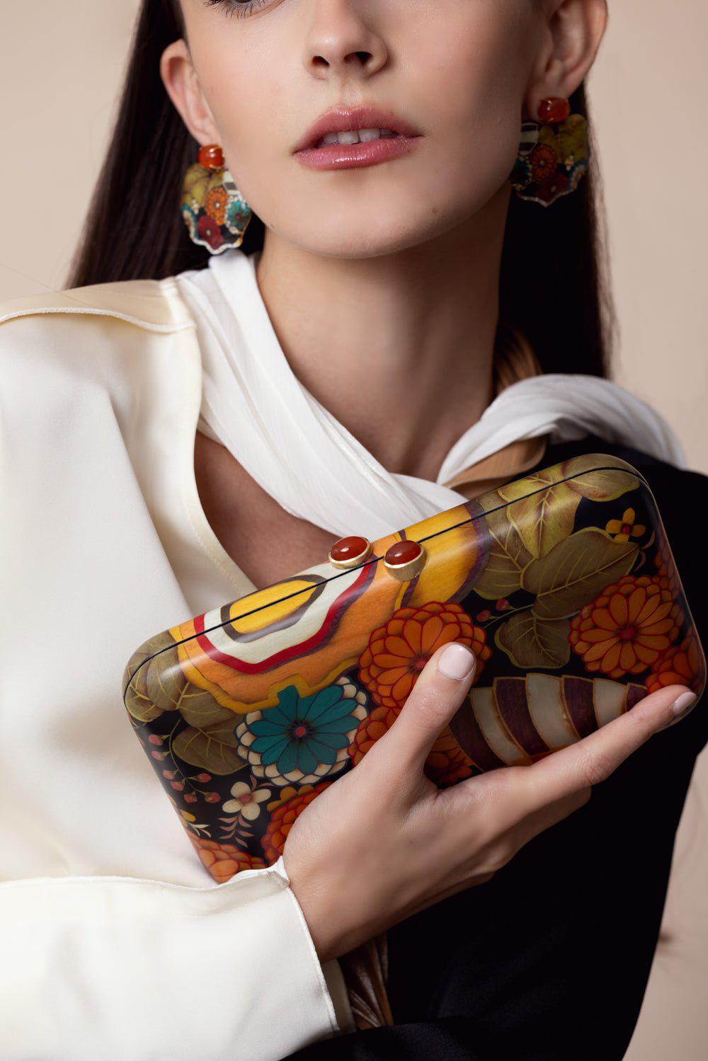 SILVIA FURMANOVICH-Chrysanthemum Marquetry Clutch-YELLOW GOLD